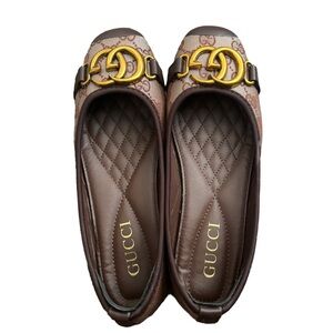 GUCCI Brown Ballerina Flats with Gold GG Logo size 7